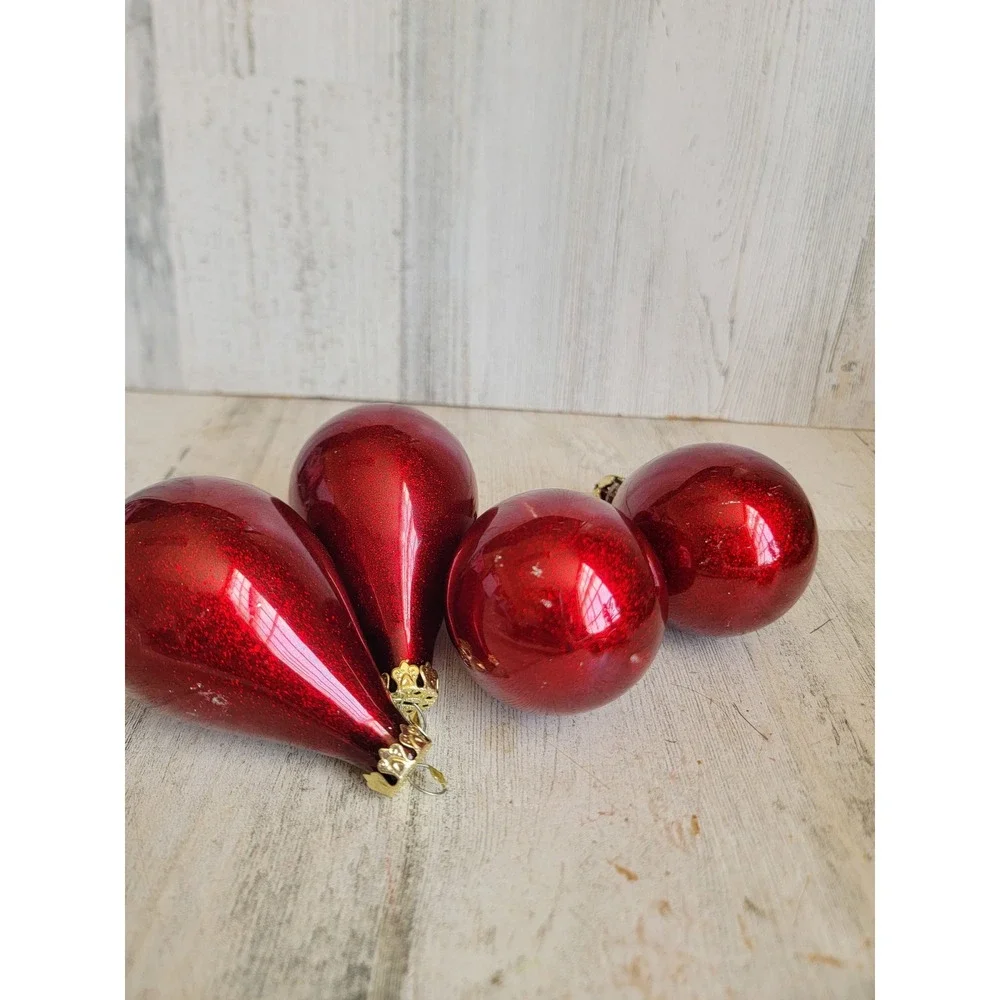 Vintage dark red glitter teardrop glass ornament Xmas set unique home decor